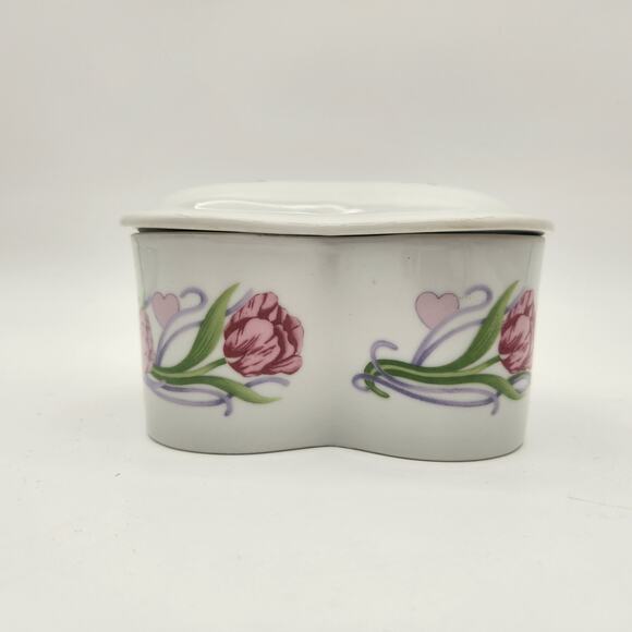 Vintage Large Heart-Shaped Ceramic Trinket Box With Tulip‎ Motif & Hearts Boho - Picture 5 of 9